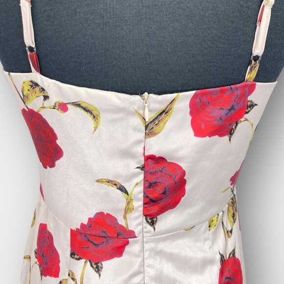 Retro Stage Rose Wiggle Dress Ivory Red Floral Pin‑Up 1950s M Midi - Picture 7 of 11